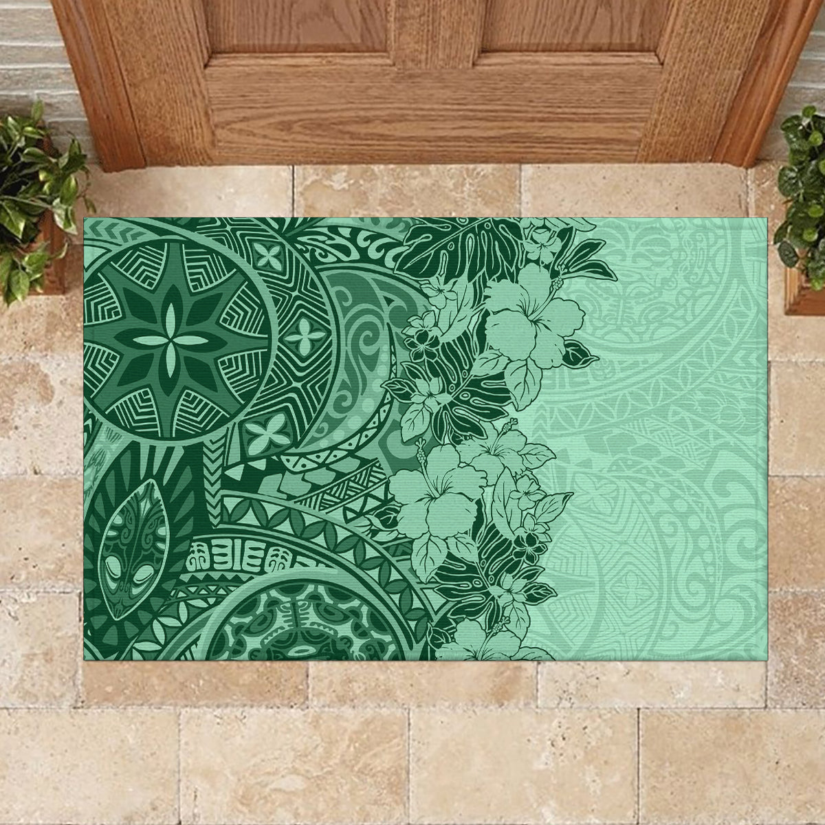 Polynesia Rubber Doormat Hibiscus and Hawaiian Tribal Tattoo Retro Style Green Color LT9 - Polynesian Pride
