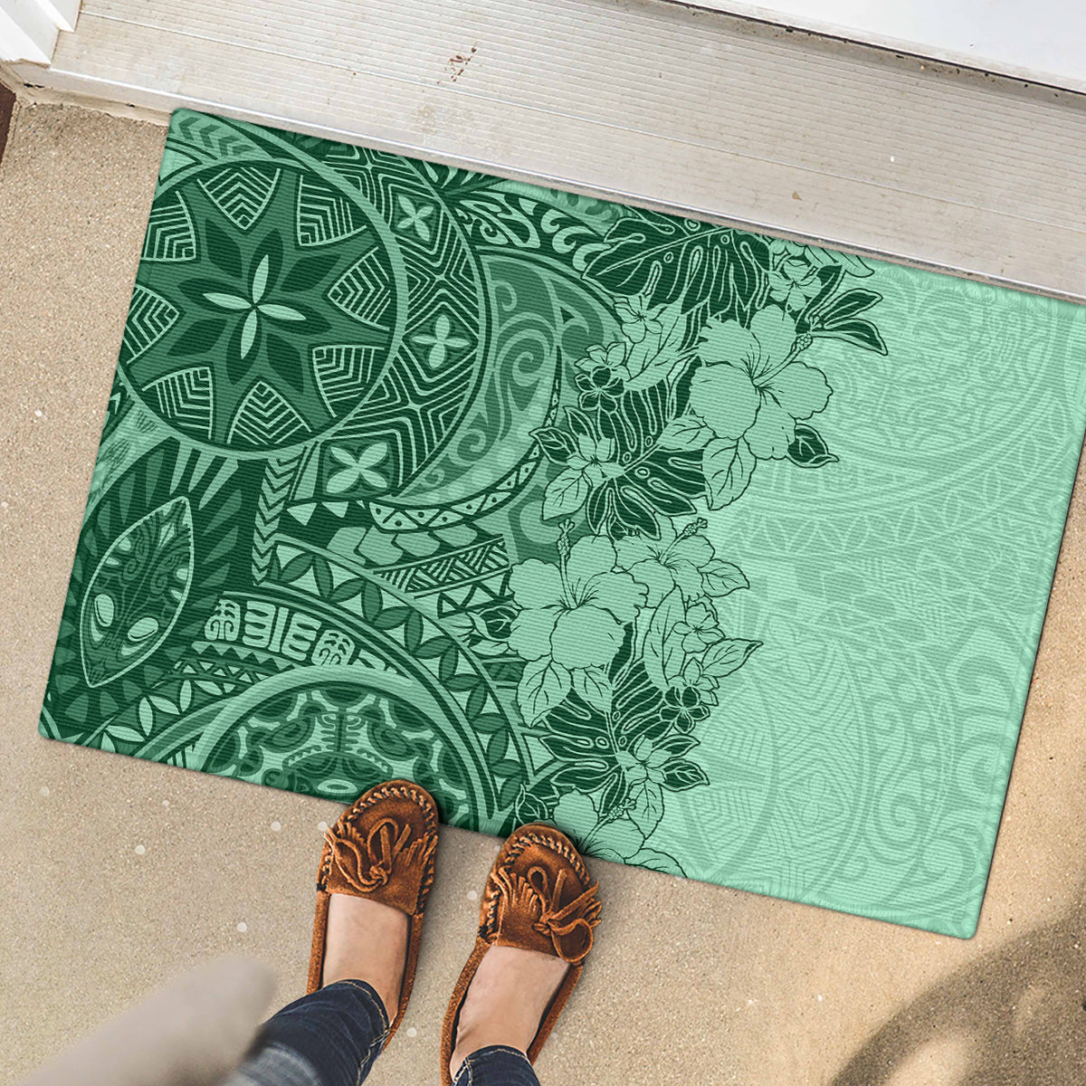 Polynesia Rubber Doormat Hibiscus and Hawaiian Tribal Tattoo Retro Style Green Color LT9 - Polynesian Pride