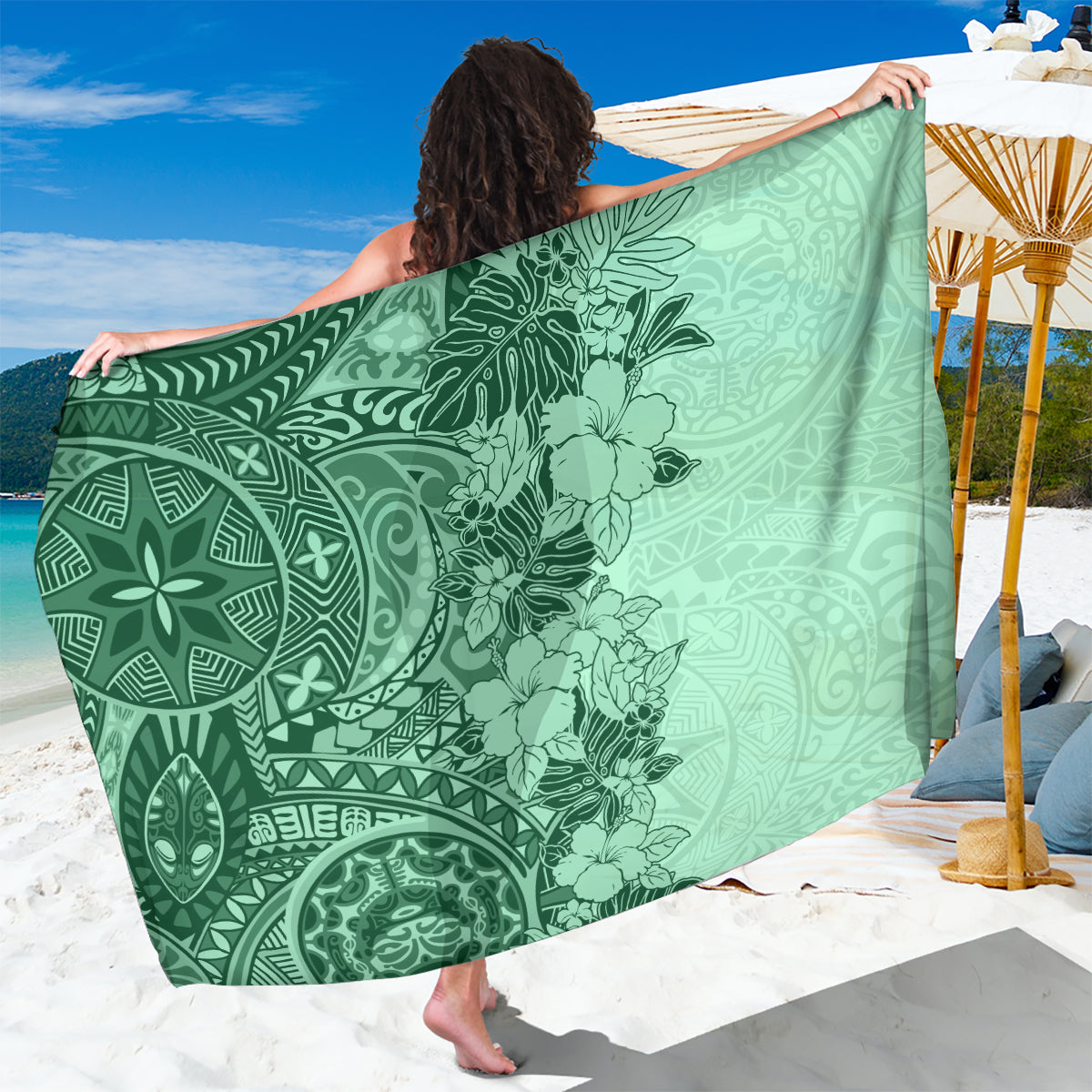 Polynesia Sarong Hibiscus and Hawaiian Tribal Tattoo Retro Style Green Color LT9 One Size 44 x 66 inches Green - Polynesian Pride