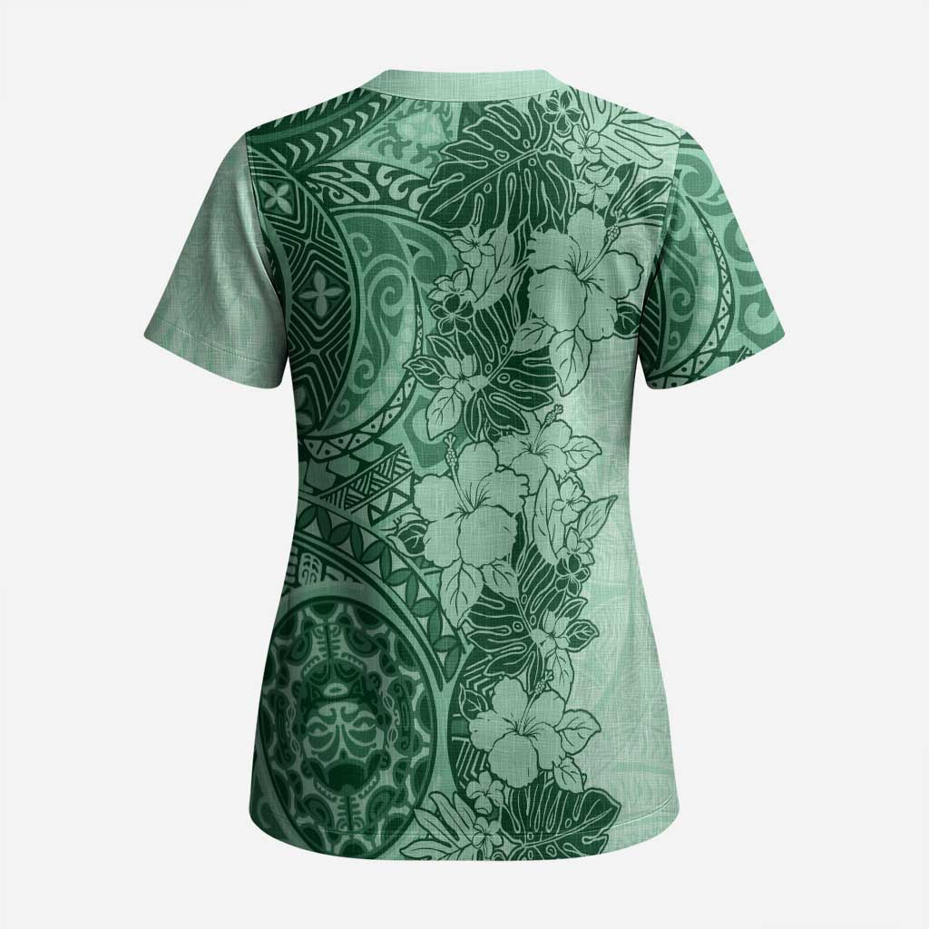 Polynesia Scrub Top Hibiscus Hawaiian Tribal Tattoo Retro Green - Polynesian Pride