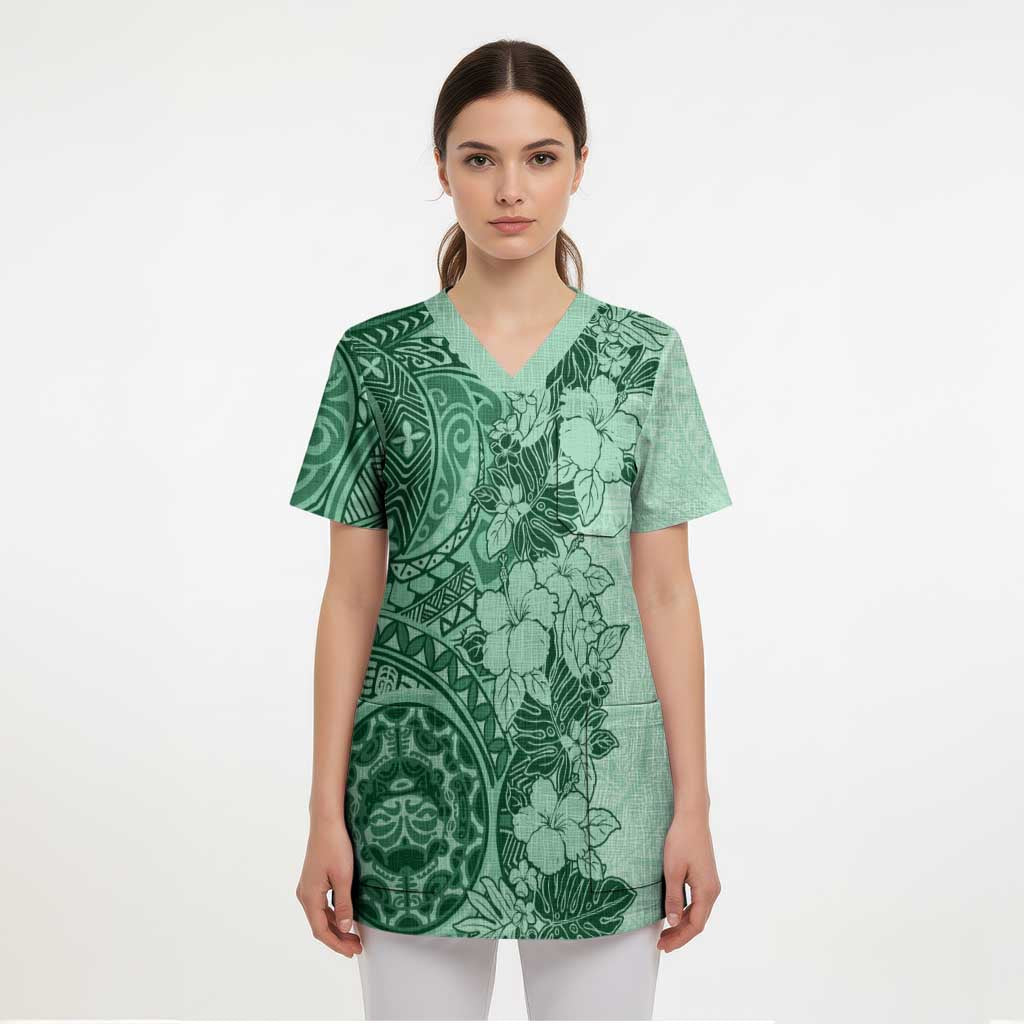 Polynesia Scrub Top Hibiscus Hawaiian Tribal Tattoo Retro Green - Polynesian Pride