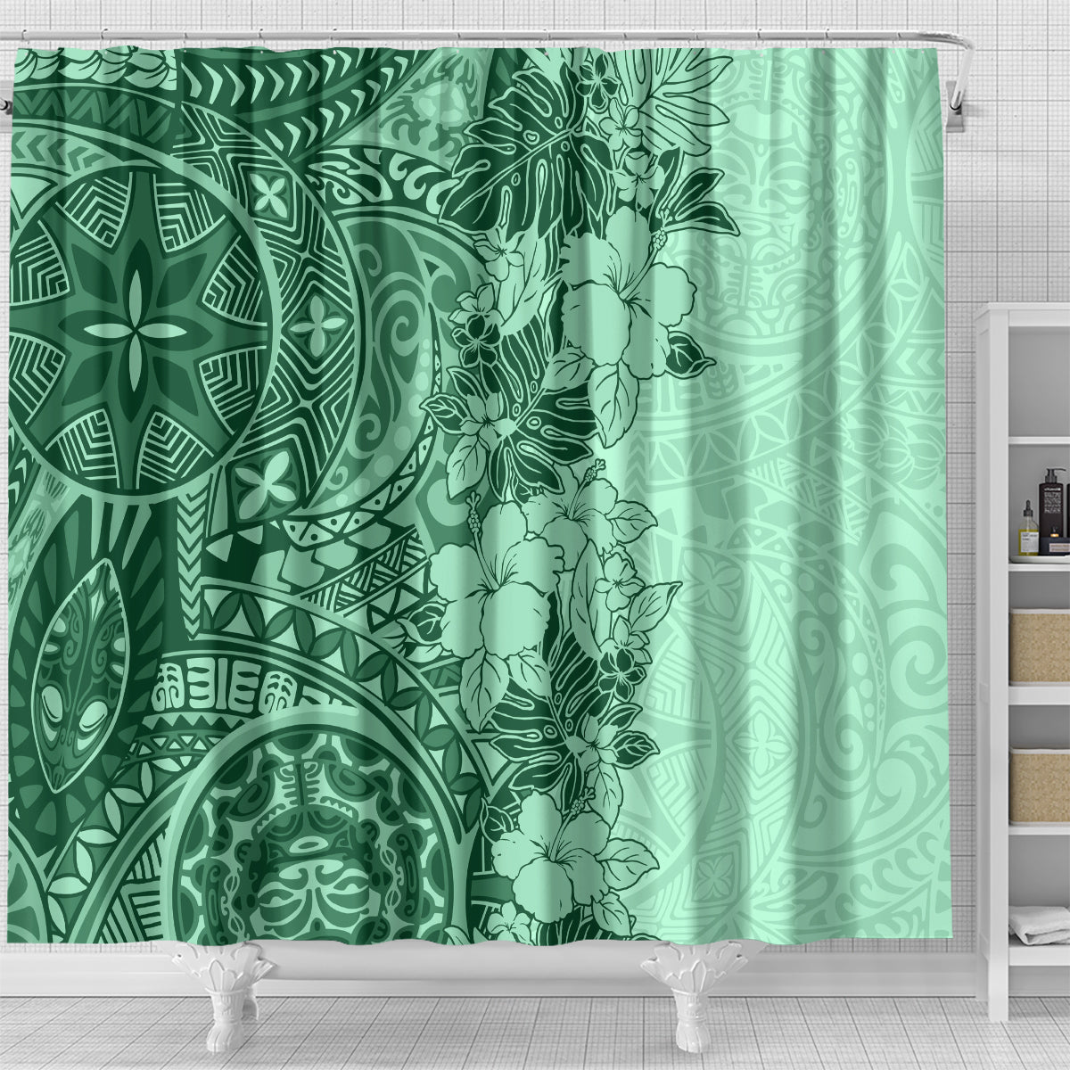 Polynesia Shower Curtain Hibiscus and Hawaiian Tribal Tattoo Retro Style Green Color LT9 - Polynesian Pride
