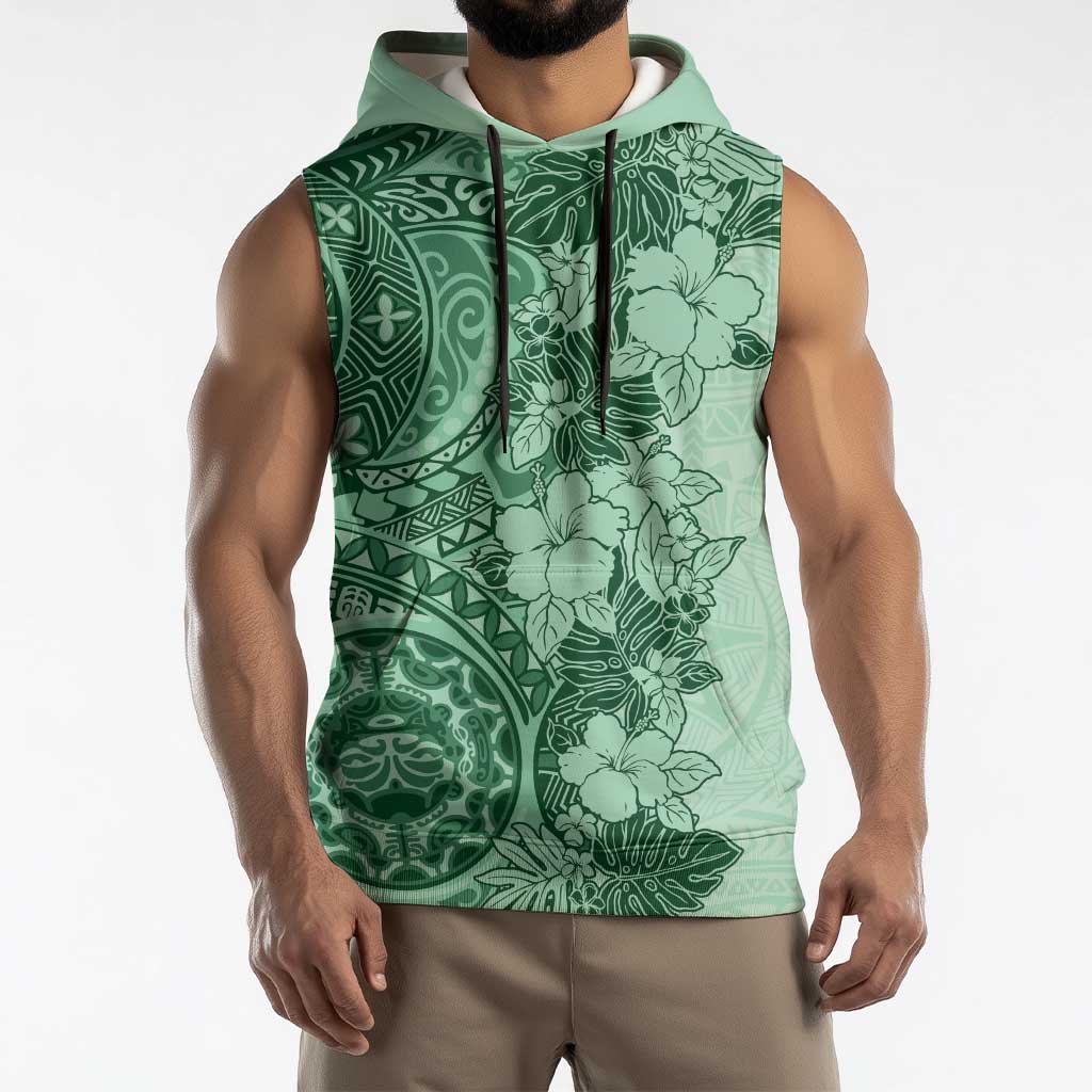 Polynesia Sleeveless Hoodie Hibiscus Hawaiian Tribal Tattoo Retro Green - Polynesian Pride