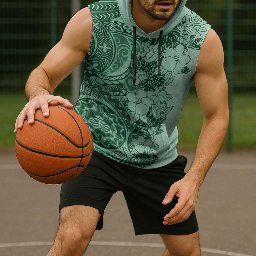 Polynesia Sleeveless Hoodie Hibiscus Hawaiian Tribal Tattoo Retro Green - Polynesian Pride