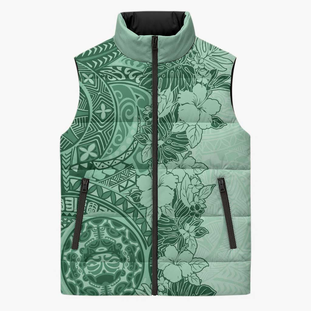Polynesia Sleeveless Puffer Jacket Hibiscus Hawaiian Tribal Tattoo Retro Green - Polynesian Pride