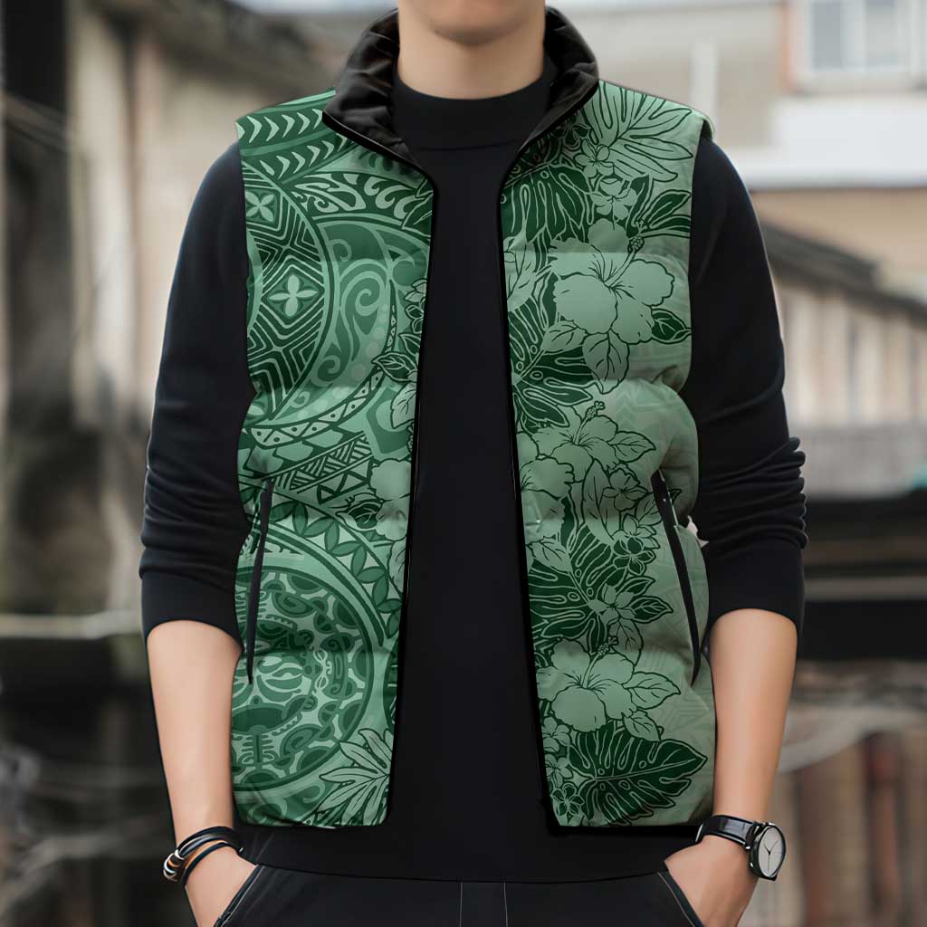 Polynesia Sleeveless Puffer Jacket Hibiscus Hawaiian Tribal Tattoo Retro Green - Polynesian Pride