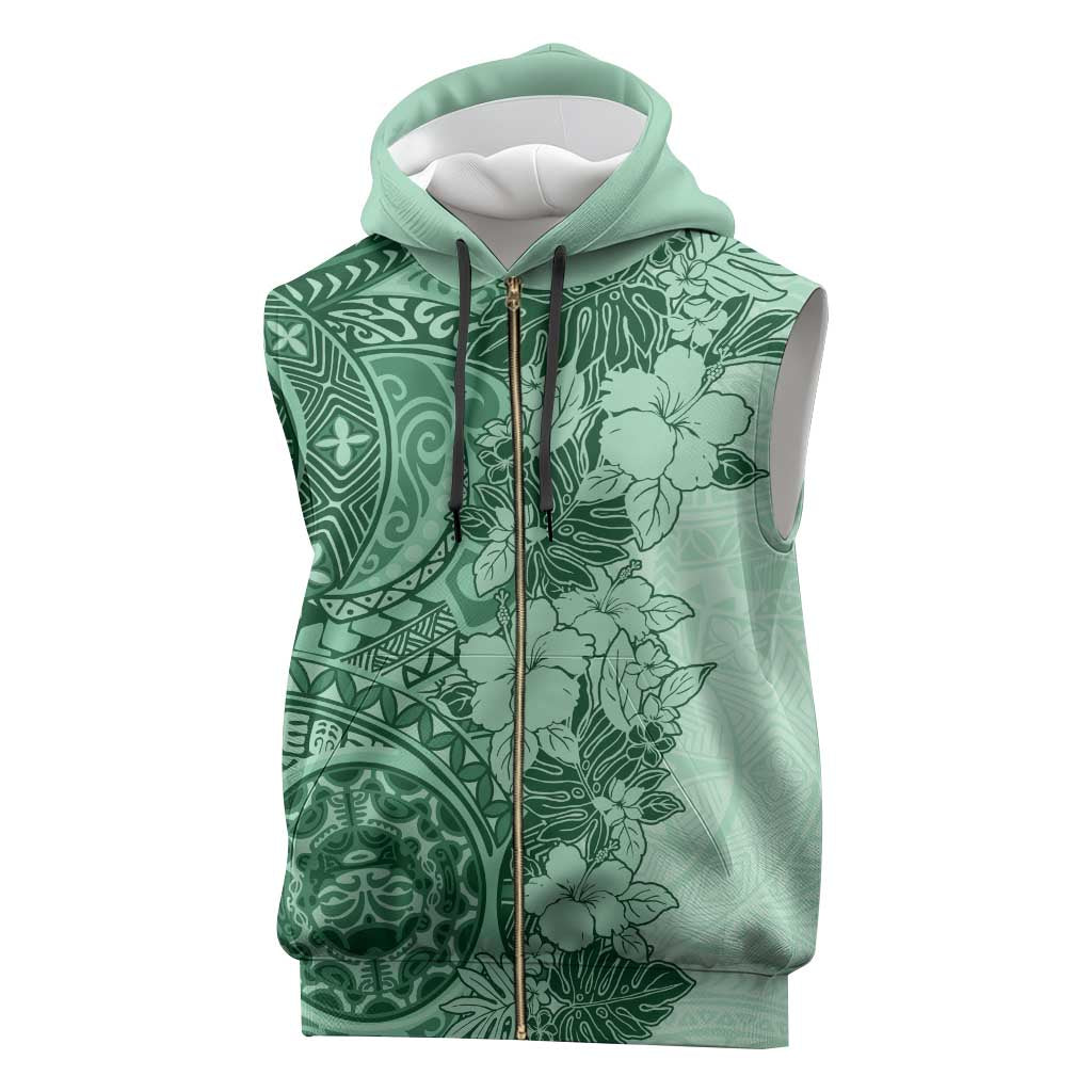 Polynesia Sleeveless Zip Hoodie Hibiscus Hawaiian Tribal Tattoo Retro Green - Polynesian Pride