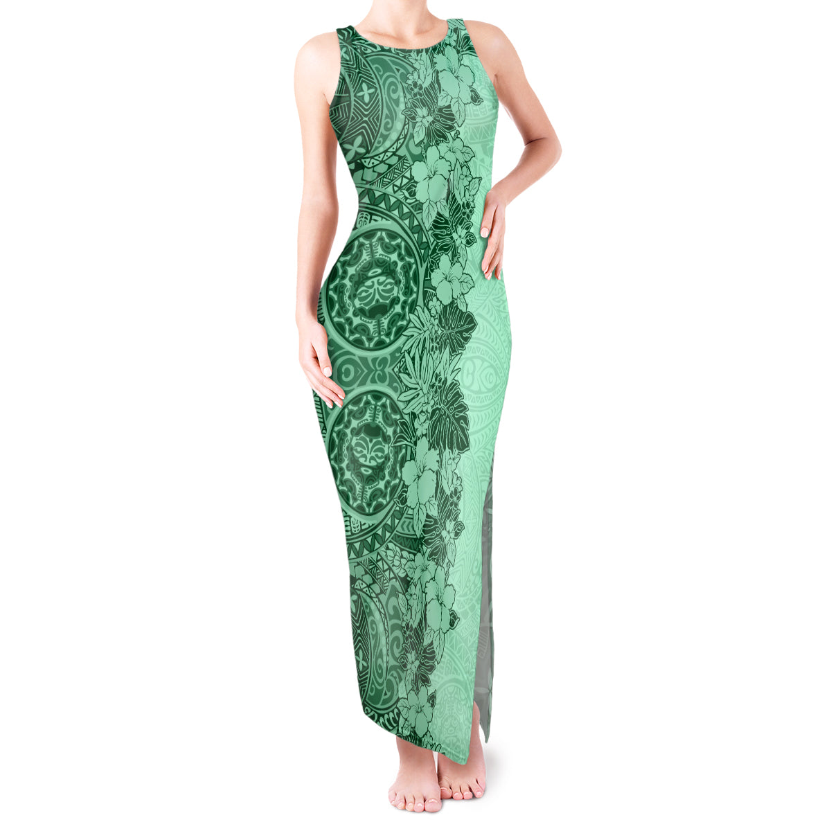 Polynesia Tank Maxi Dress Hibiscus and Hawaiian Tribal Tattoo Retro Style Green Color LT9 Women Green - Polynesian Pride