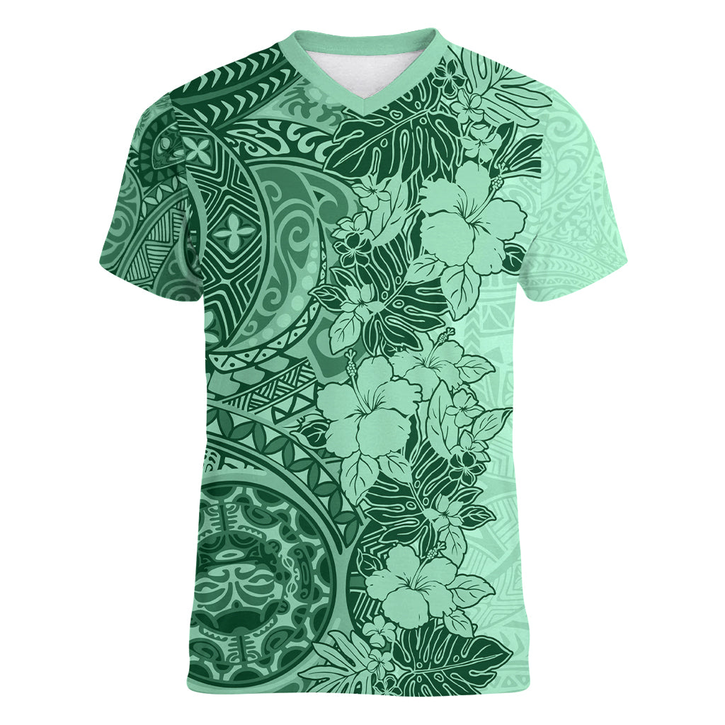 Polynesia Women V Neck T Shirt Hibiscus and Hawaiian Tribal Tattoo Retro Style Green Color LT9 Female Green - Polynesian Pride