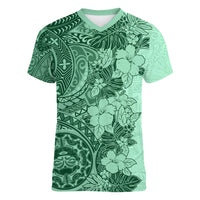 Polynesia Women V Neck T Shirt Hibiscus and Hawaiian Tribal Tattoo Retro Style Green Color LT9 Female Green - Polynesian Pride