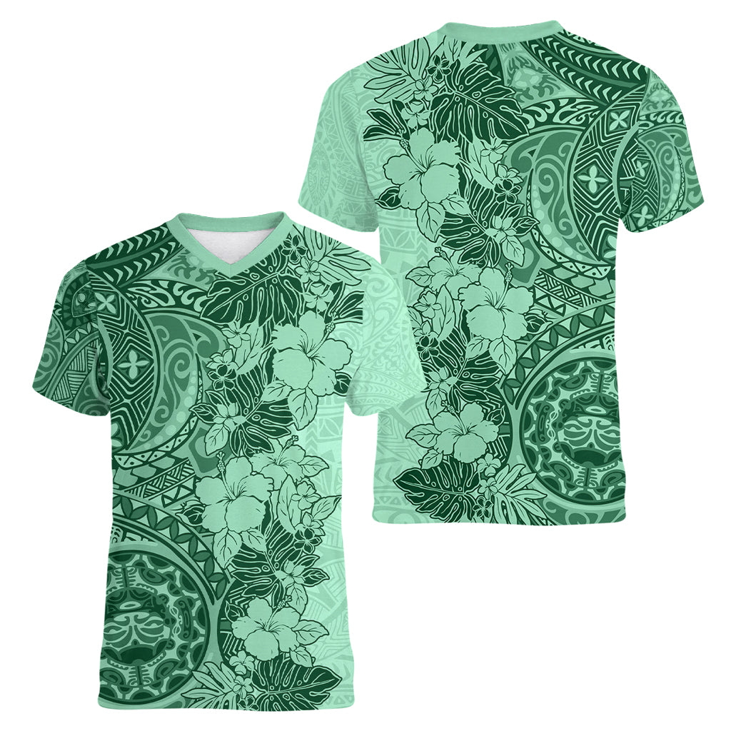 Polynesia Women V Neck T Shirt Hibiscus and Hawaiian Tribal Tattoo Retro Style Green Color LT9 - Polynesian Pride