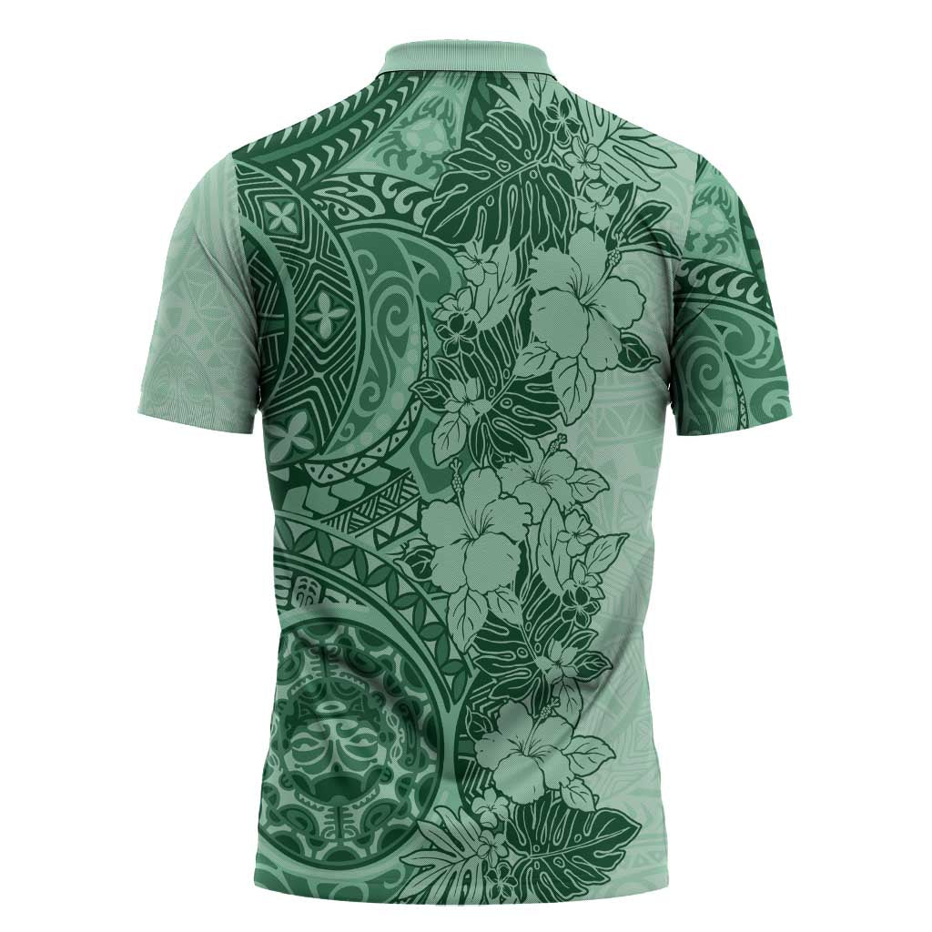 Polynesia Zipper Polo Shirt Hibiscus Hawaiian Tribal Tattoo Retro Green - Polynesian Pride