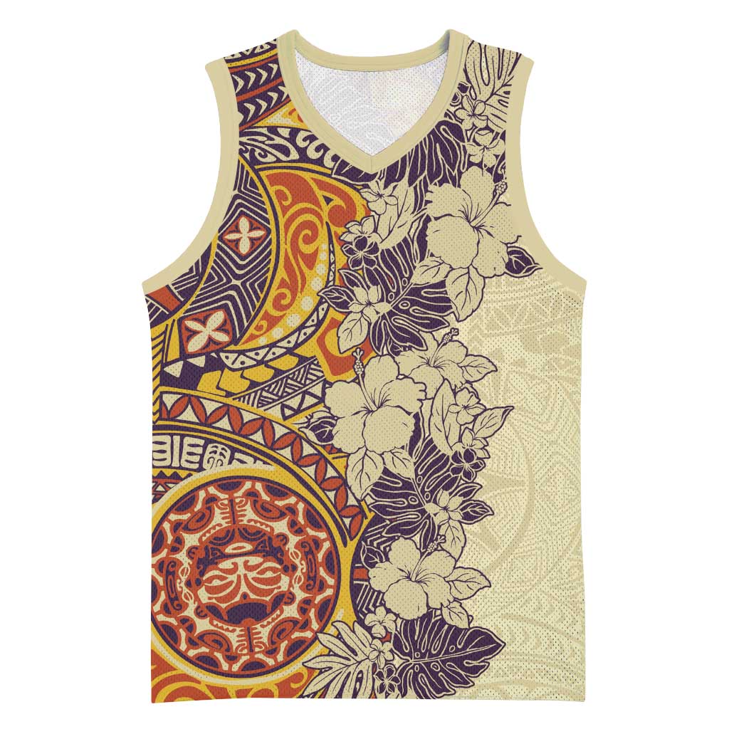 Polynesia Basketball Jersey Hibiscus Hawaiian Tribal Tattoo Retro Tan - Polynesian Pride