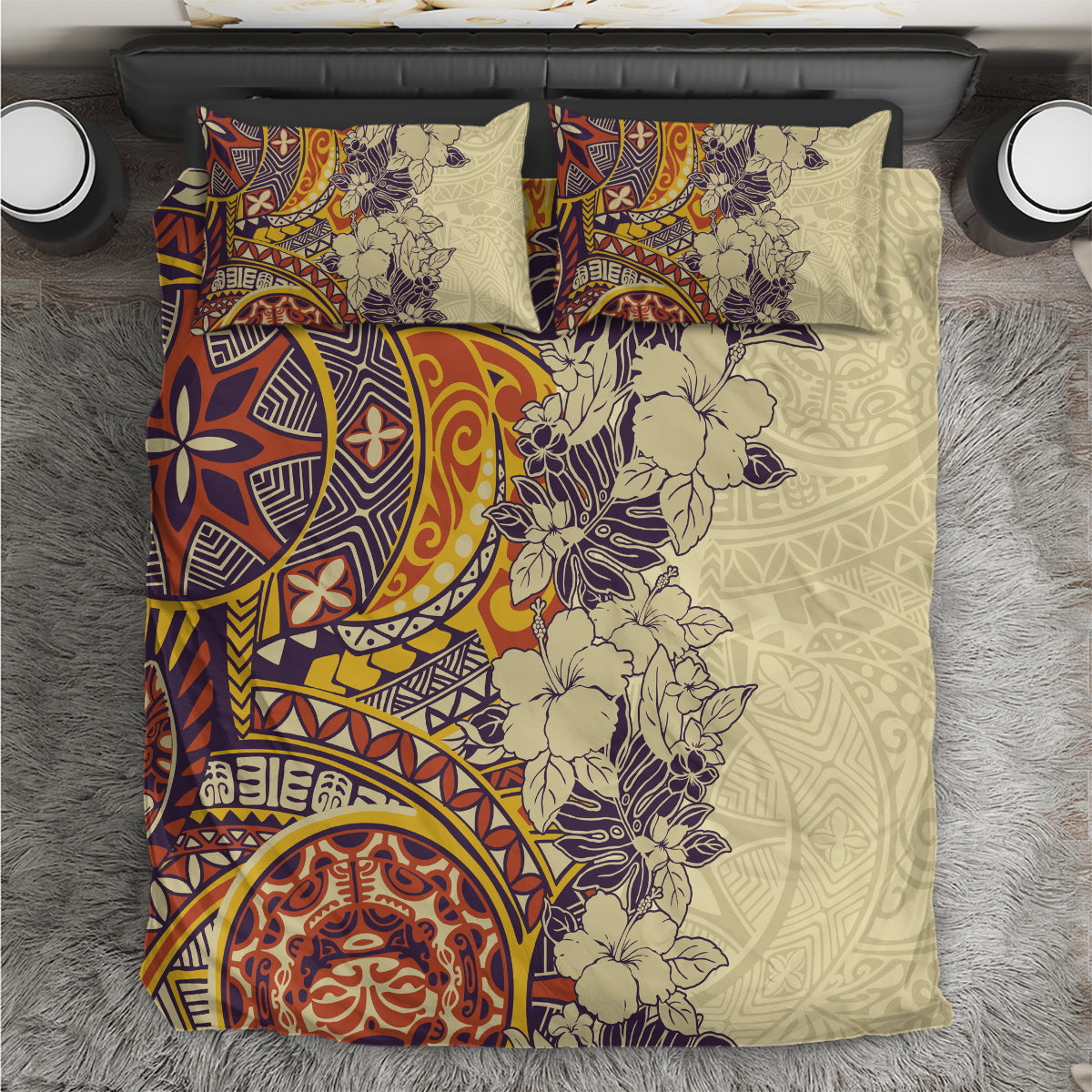 Polynesia Bedding Set Hibiscus and Hawaiian Tribal Tattoo Retro Style Tan Color LT9 Tan - Polynesian Pride