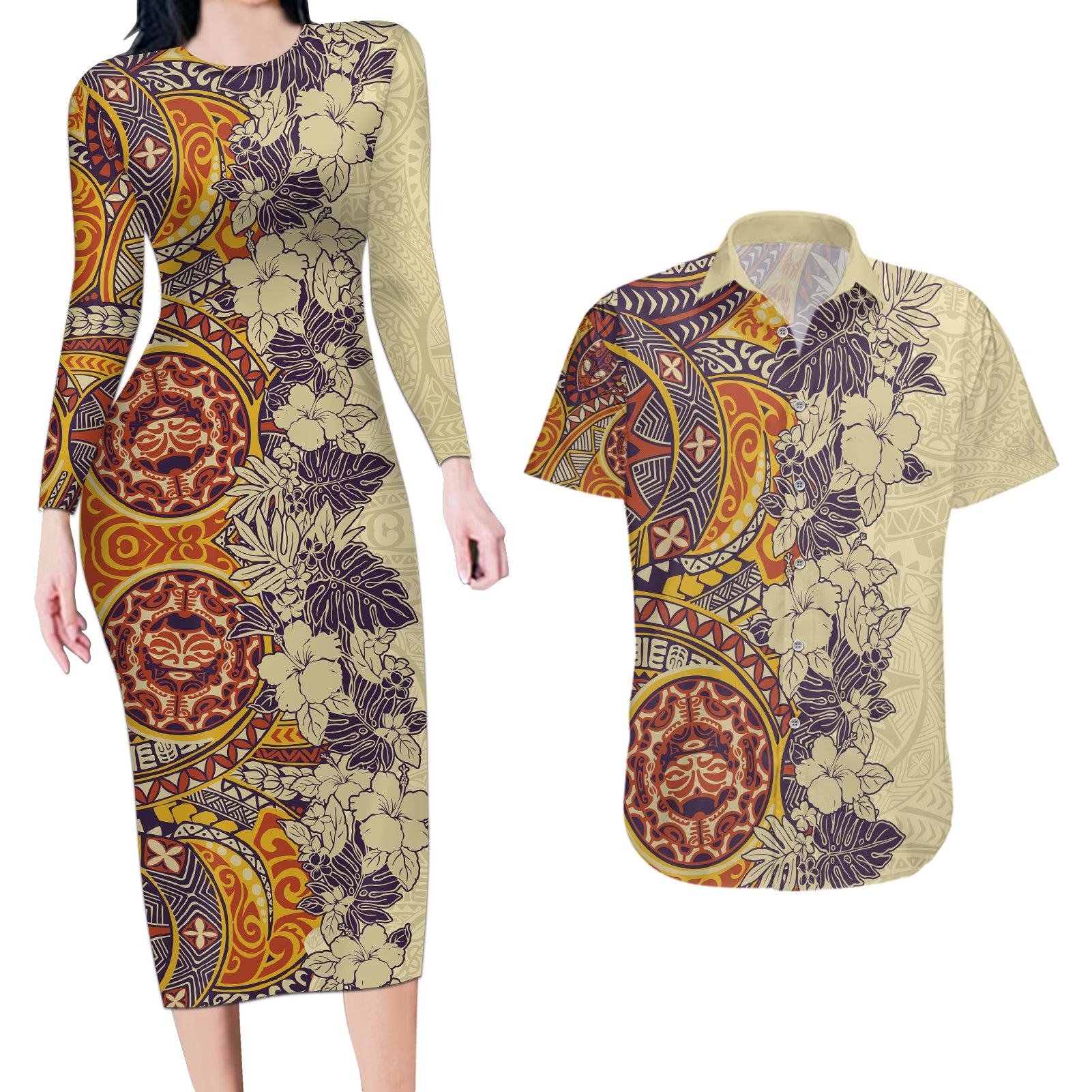 Polynesia Couples Matching Long Sleeve Bodycon Dress and Hawaiian Shirt Hibiscus and Hawaiian Tribal Tattoo Retro Style Tan Color LT9 Tan - Polynesian Pride