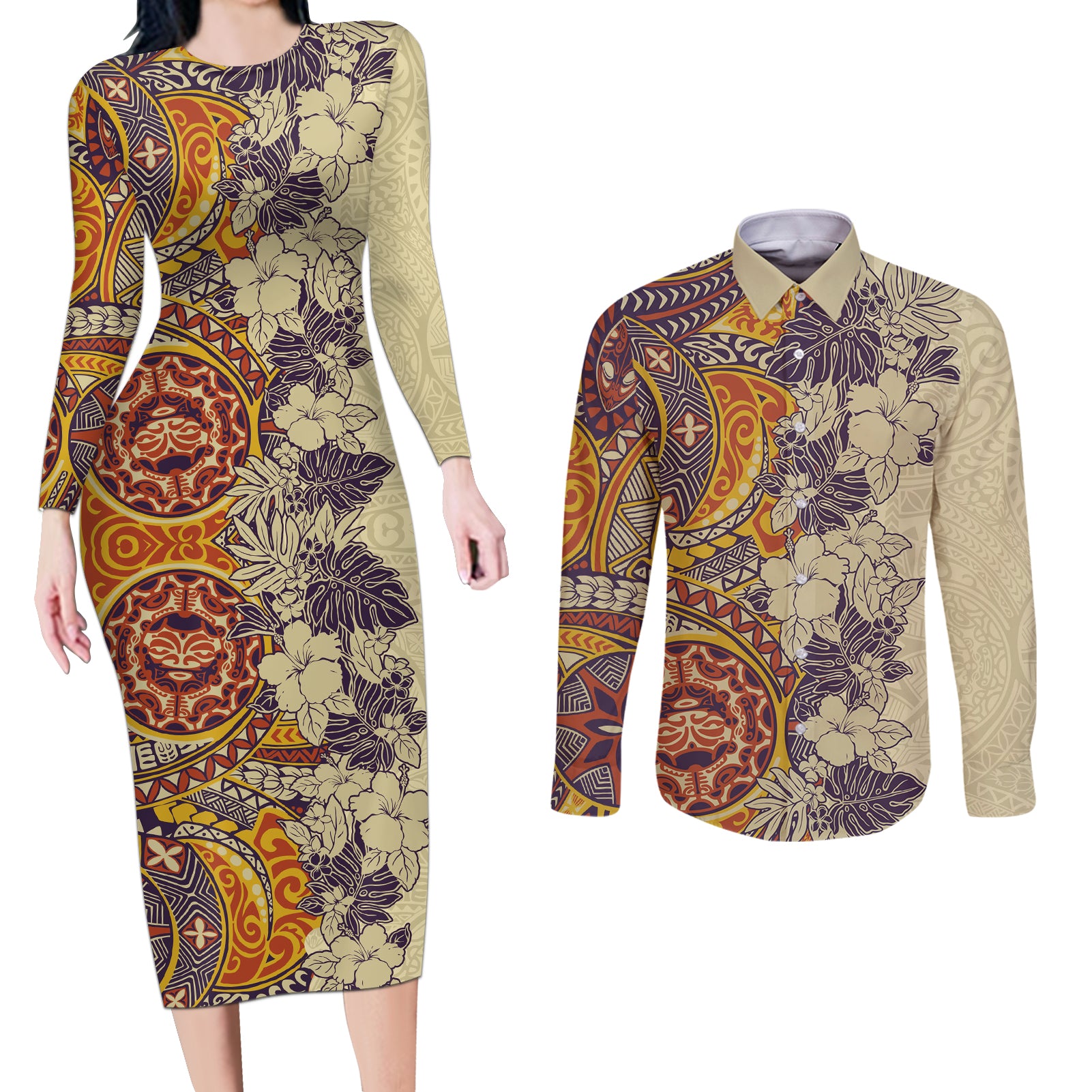 Polynesia Couples Matching Long Sleeve Bodycon Dress and Long Sleeve Button Shirt Hibiscus and Hawaiian Tribal Tattoo Retro Style Tan Color LT9 Tan - Polynesian Pride