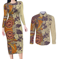 Polynesia Couples Matching Long Sleeve Bodycon Dress and Long Sleeve Button Shirt Hibiscus and Hawaiian Tribal Tattoo Retro Style Tan Color LT9 Tan - Polynesian Pride