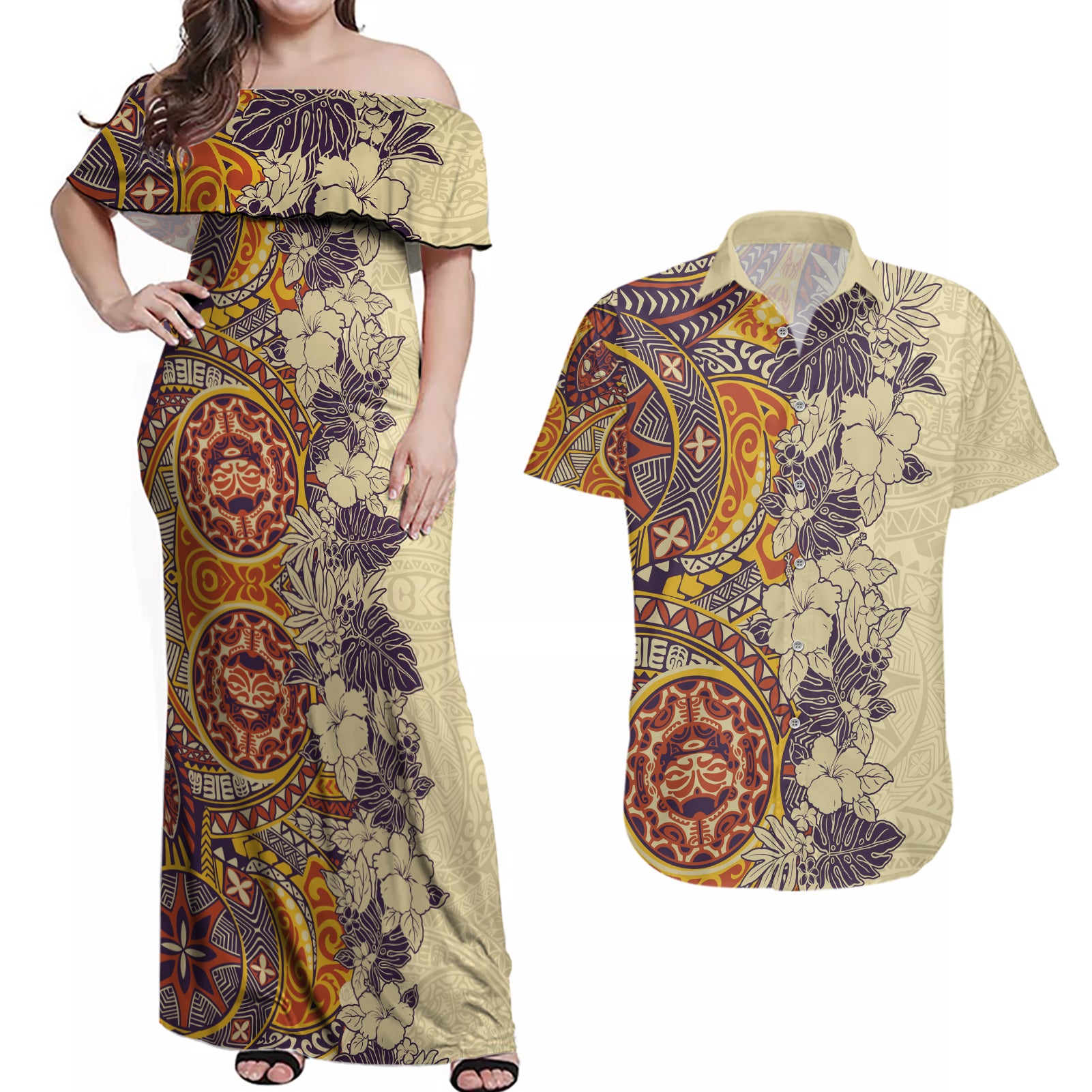 Polynesia Couples Matching Off Shoulder Maxi Dress and Hawaiian Shirt Hibiscus and Hawaiian Tribal Tattoo Retro Style Tan Color LT9 Tan - Polynesian Pride