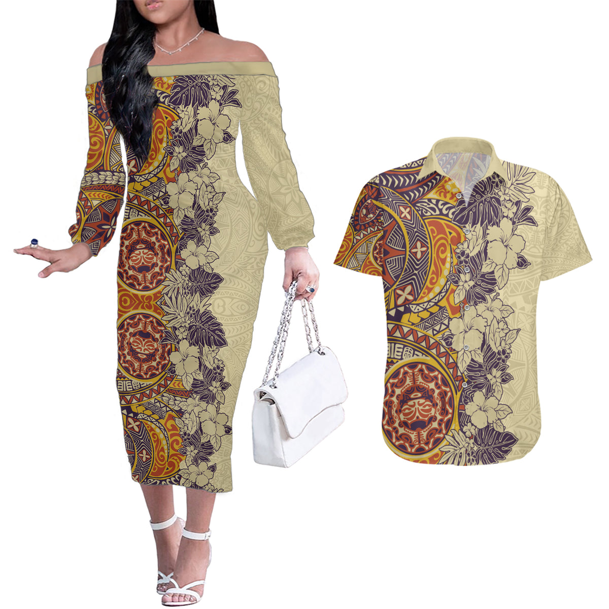 Polynesia Couples Matching Off The Shoulder Long Sleeve Dress and Hawaiian Shirt Hibiscus and Hawaiian Tribal Tattoo Retro Style Tan Color LT9 Tan - Polynesian Pride