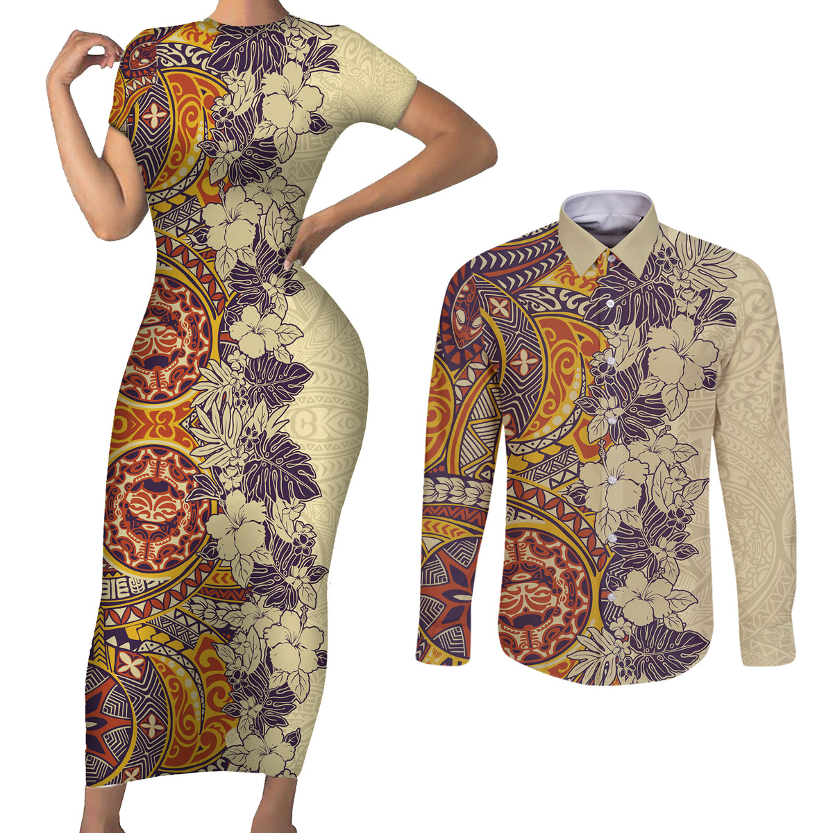 Polynesia Couples Matching Short Sleeve Bodycon Dress and Long Sleeve Button Shirt Hibiscus and Hawaiian Tribal Tattoo Retro Style Tan Color LT9 Tan - Polynesian Pride