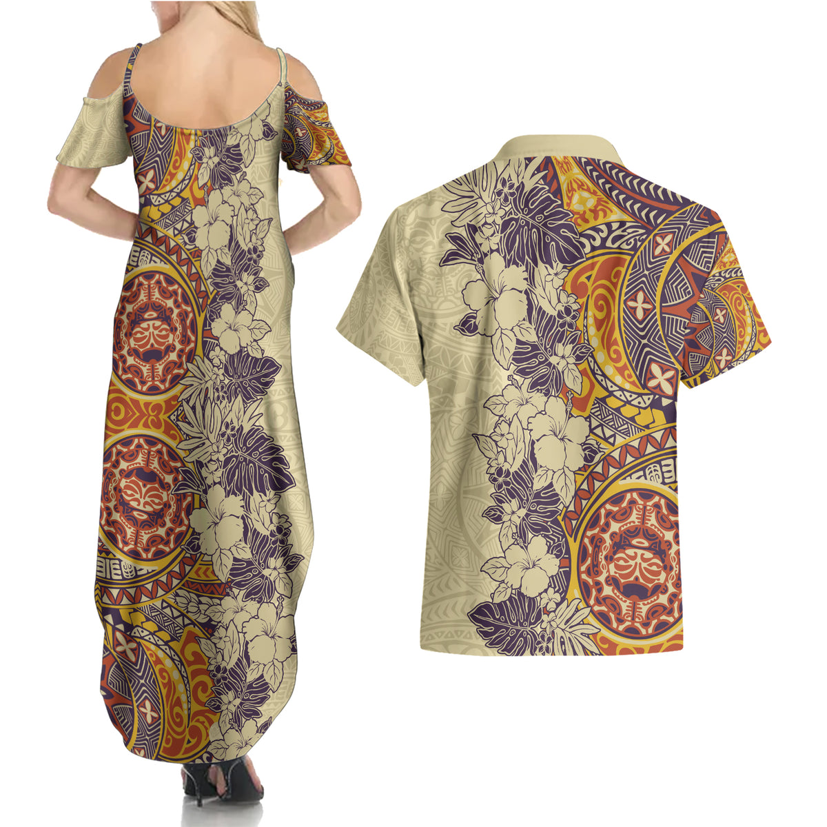 Polynesia Couples Matching Summer Maxi Dress and Hawaiian Shirt Hibiscus and Hawaiian Tribal Tattoo Retro Style Tan Color LT9 - Polynesian Pride