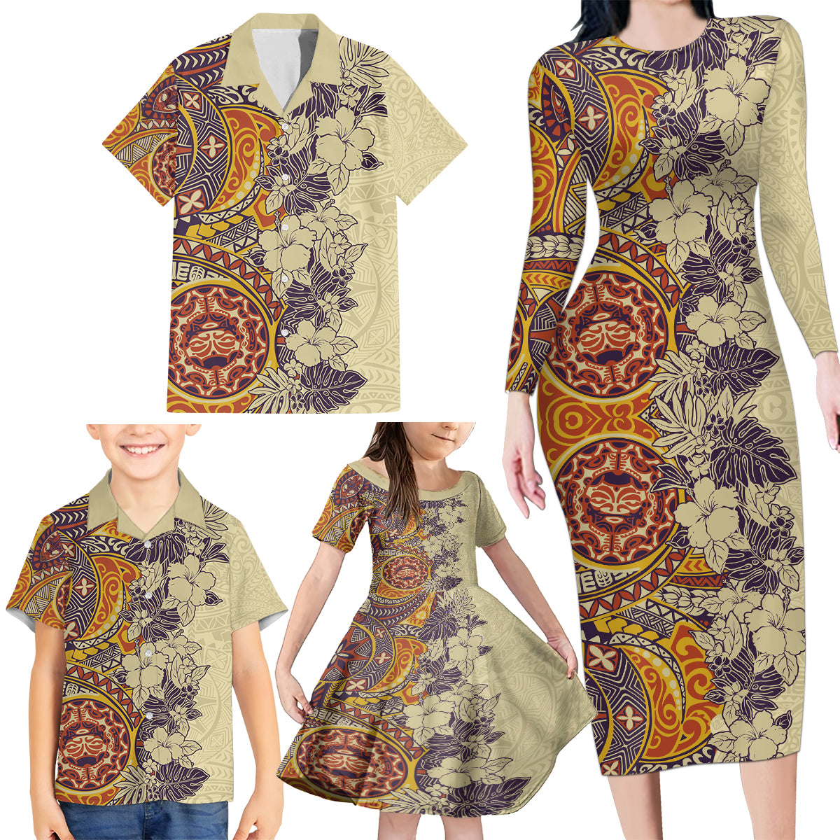 Polynesia Family Matching Long Sleeve Bodycon Dress and Hawaiian Shirt Hibiscus and Hawaiian Tribal Tattoo Retro Style Tan Color LT9 - Polynesian Pride