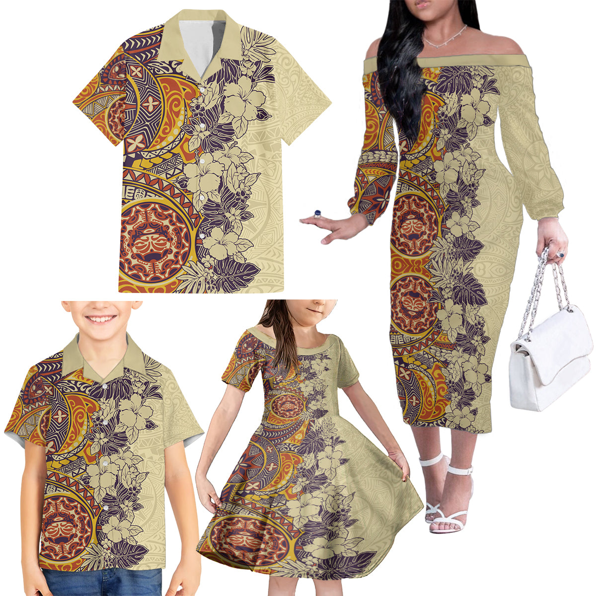 Polynesia Family Matching Off Shoulder Long Sleeve Dress and Hawaiian Shirt Hibiscus and Hawaiian Tribal Tattoo Retro Style Tan Color LT9 - Polynesian Pride