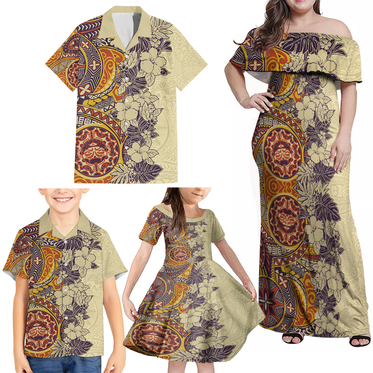 Polynesia Family Matching Off Shoulder Maxi Dress and Hawaiian Shirt Hibiscus and Hawaiian Tribal Tattoo Retro Style Tan Color LT9 - Polynesian Pride