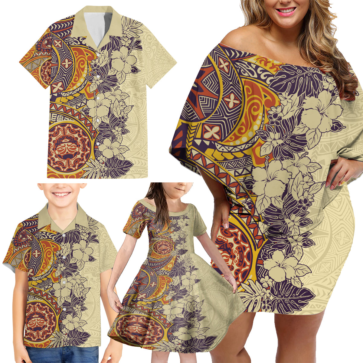 Polynesia Family Matching Off Shoulder Short Dress and Hawaiian Shirt Hibiscus and Hawaiian Tribal Tattoo Retro Style Tan Color LT9 - Polynesian Pride