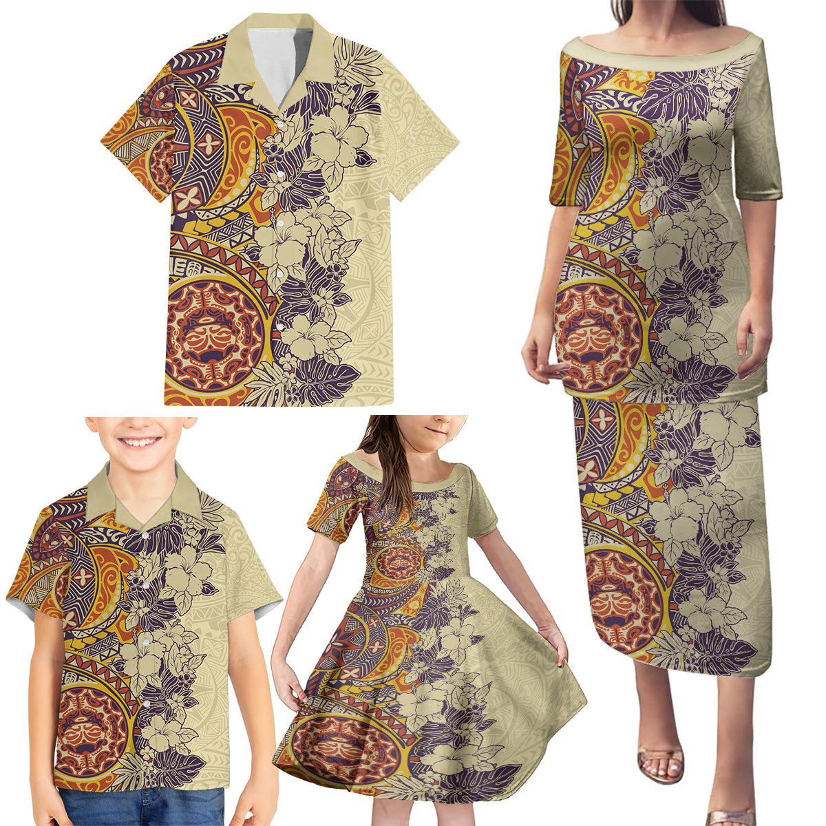 Polynesia Family Matching Puletasi Dress and Hawaiian Shirt Hibiscus and Hawaiian Tribal Tattoo Retro Style Tan Color LT9 - Polynesian Pride