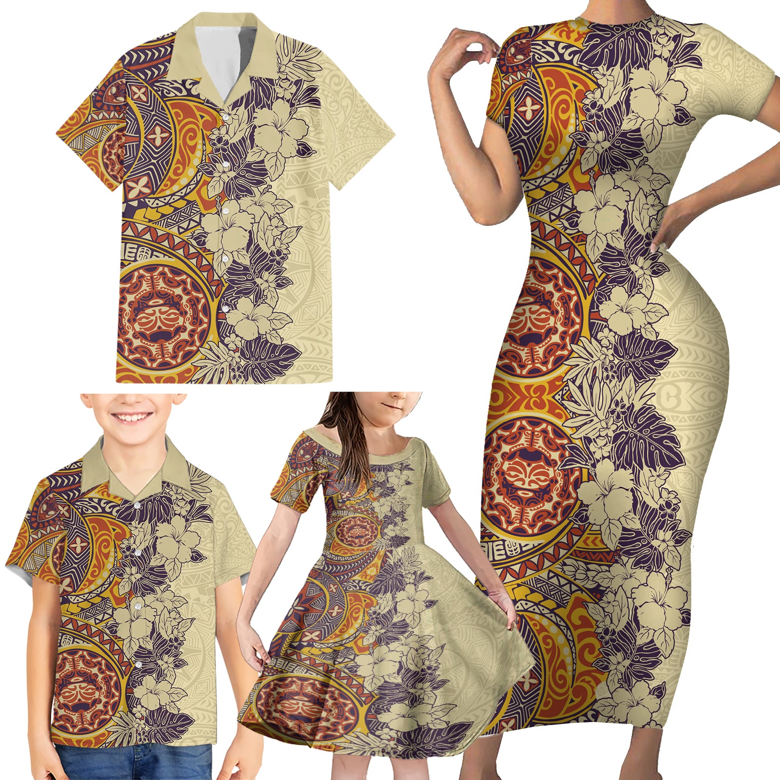 Polynesia Family Matching Short Sleeve Bodycon Dress and Hawaiian Shirt Hibiscus and Hawaiian Tribal Tattoo Retro Style Tan Color LT9 - Polynesian Pride