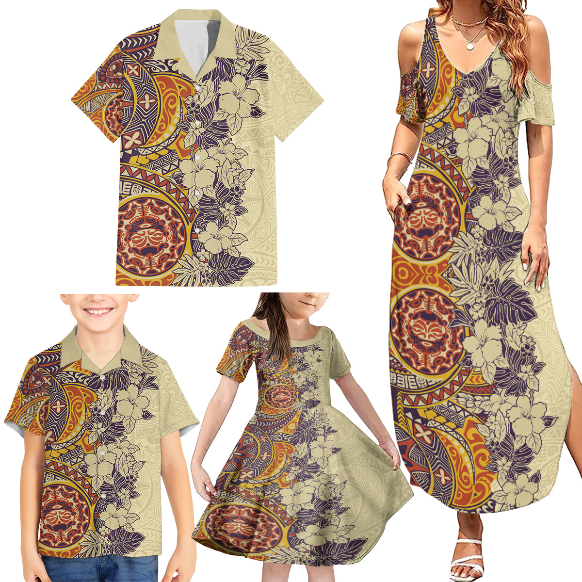 Polynesia Family Matching Summer Maxi Dress and Hawaiian Shirt Hibiscus and Hawaiian Tribal Tattoo Retro Style Tan Color LT9 - Polynesian Pride