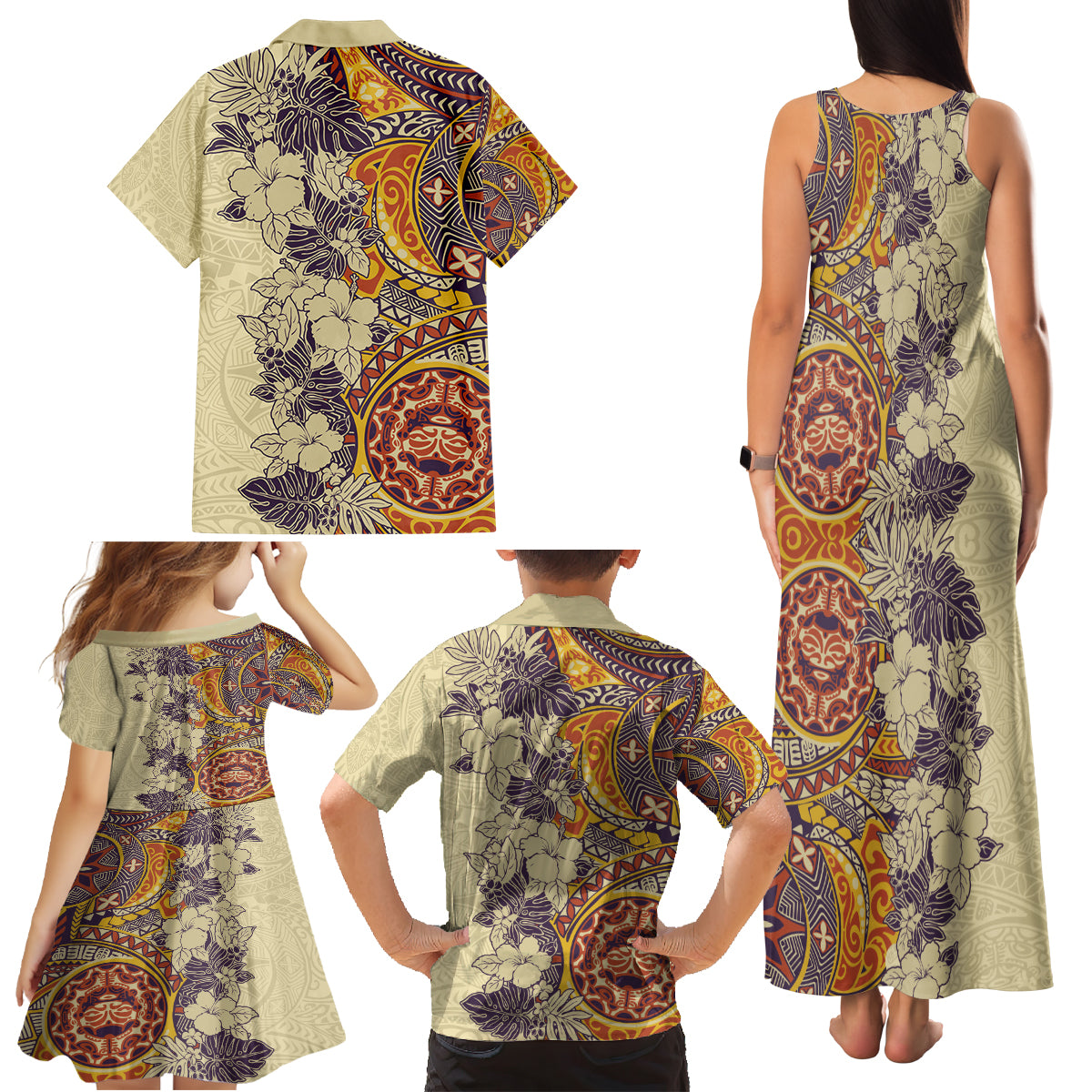 Polynesia Family Matching Tank Maxi Dress and Hawaiian Shirt Hibiscus and Hawaiian Tribal Tattoo Retro Style Tan Color LT9 - Polynesian Pride