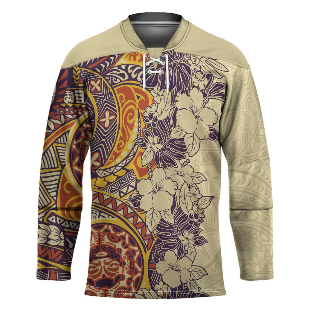 Polynesia Hockey Jersey Hibiscus Hawaiian Tribal Tattoo Retro Tan - Polynesian Pride