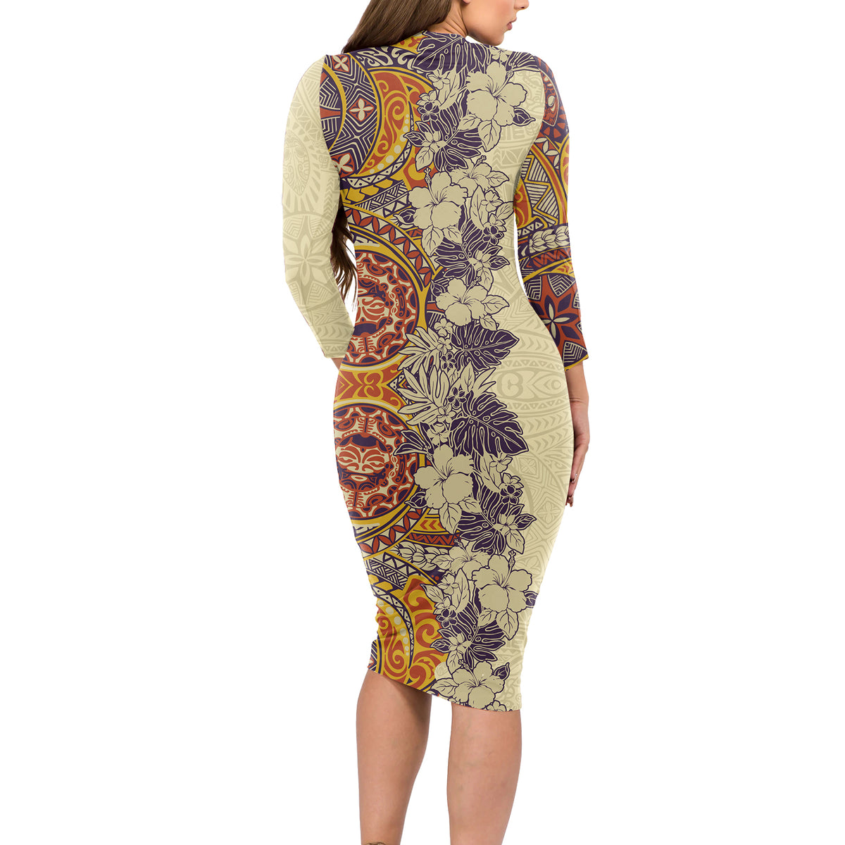 Polynesia Long Sleeve Bodycon Dress Hibiscus and Hawaiian Tribal Tattoo Retro Style Tan Color LT9 - Polynesian Pride