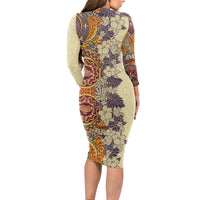 Polynesia Long Sleeve Bodycon Dress Hibiscus and Hawaiian Tribal Tattoo Retro Style Tan Color LT9 - Polynesian Pride