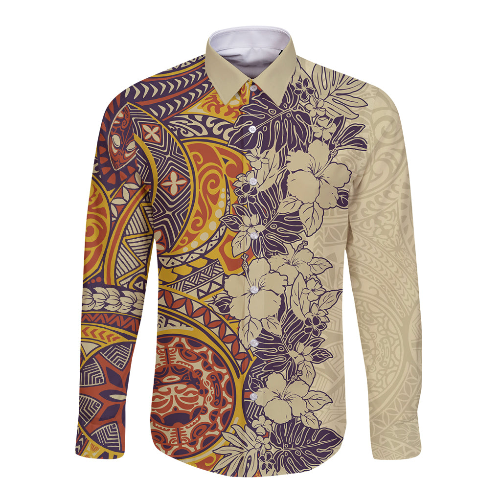 Polynesia Long Sleeve Button Shirt Hibiscus and Hawaiian Tribal Tattoo Retro Style Tan Color LT9 Unisex Tan - Polynesian Pride