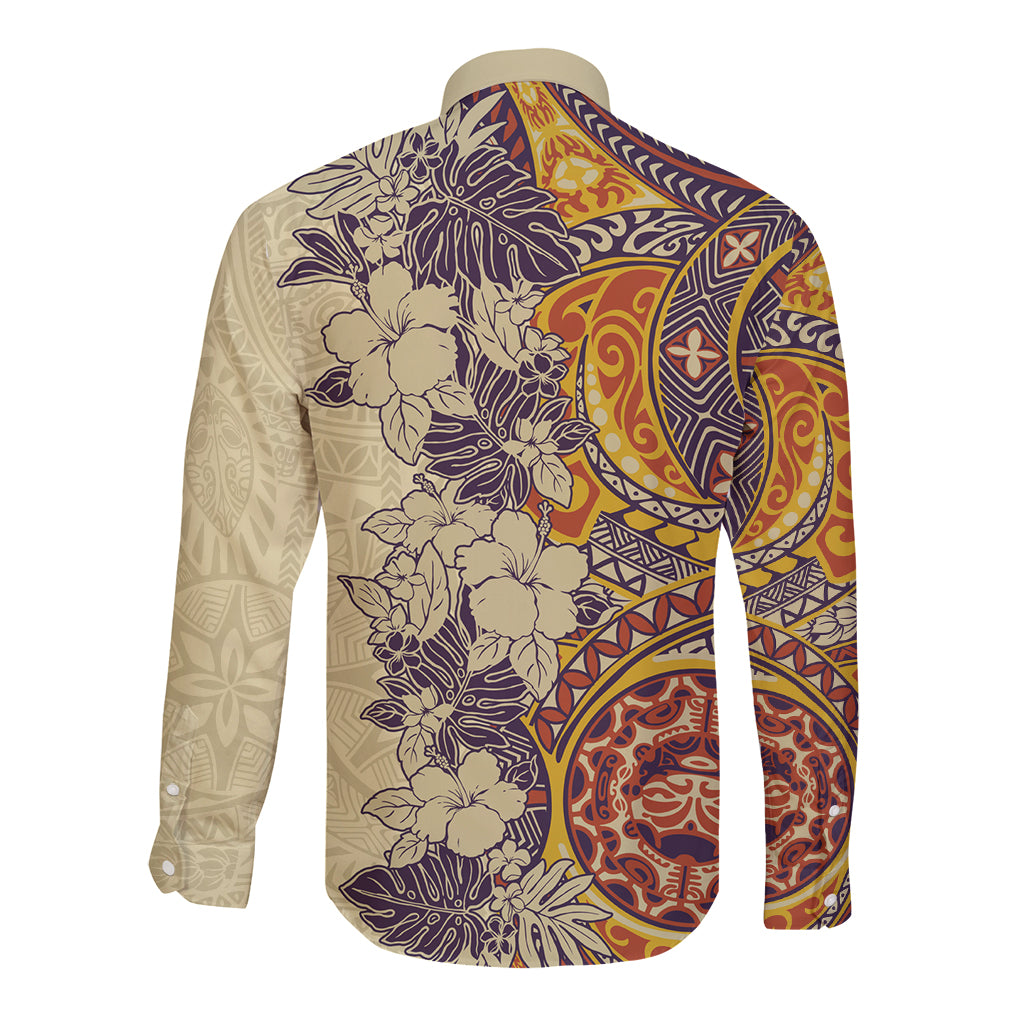 Polynesia Long Sleeve Button Shirt Hibiscus and Hawaiian Tribal Tattoo Retro Style Tan Color LT9 - Polynesian Pride