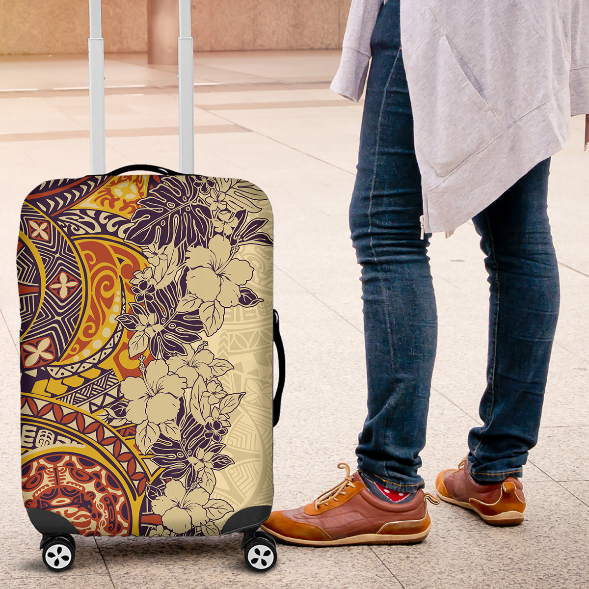 Polynesia Luggage Cover Hibiscus and Hawaiian Tribal Tattoo Retro Style Tan Color LT9 Tan - Polynesian Pride