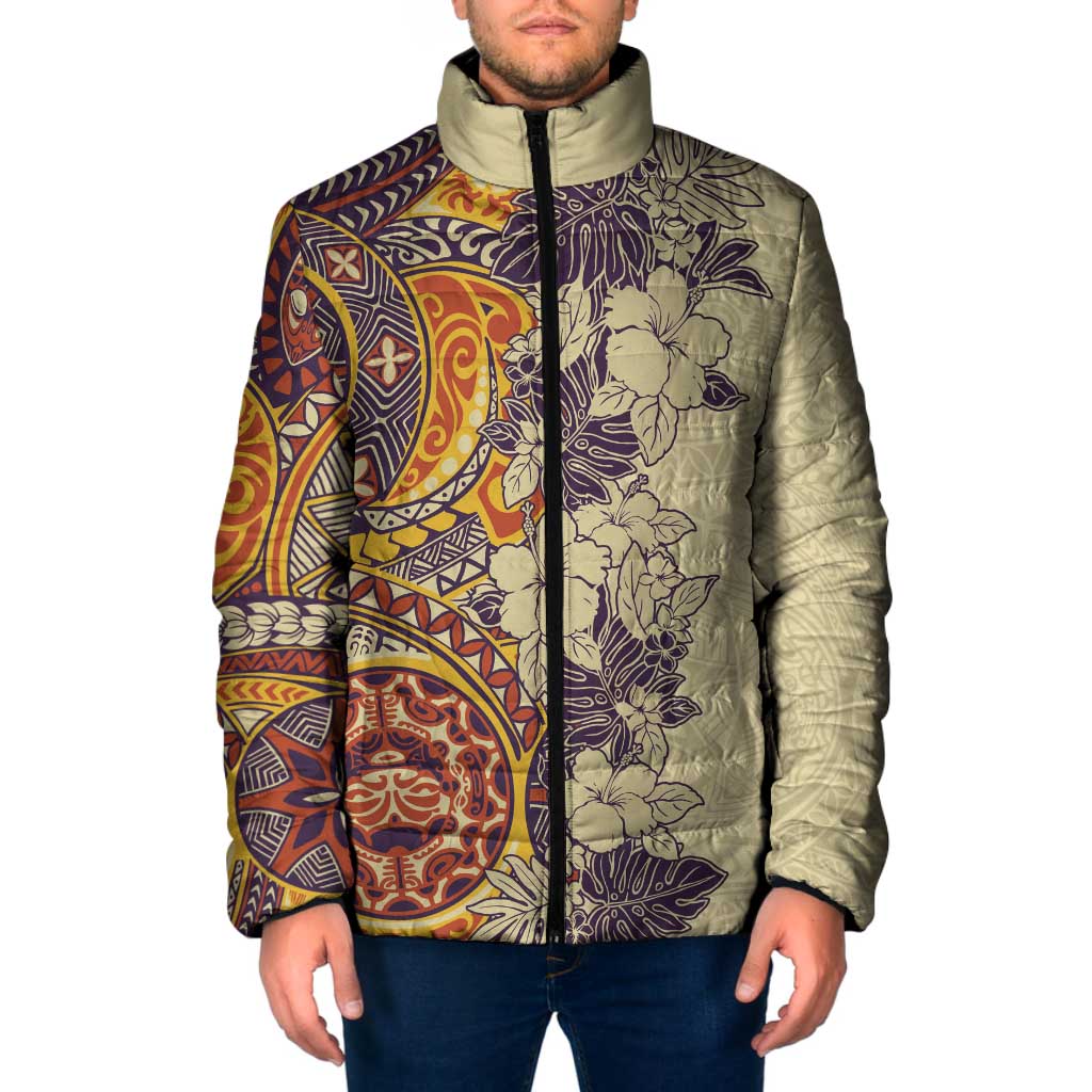 Polynesia Padded Jacket Hibiscus Hawaiian Tribal Tattoo Retro Tan - Polynesian Pride