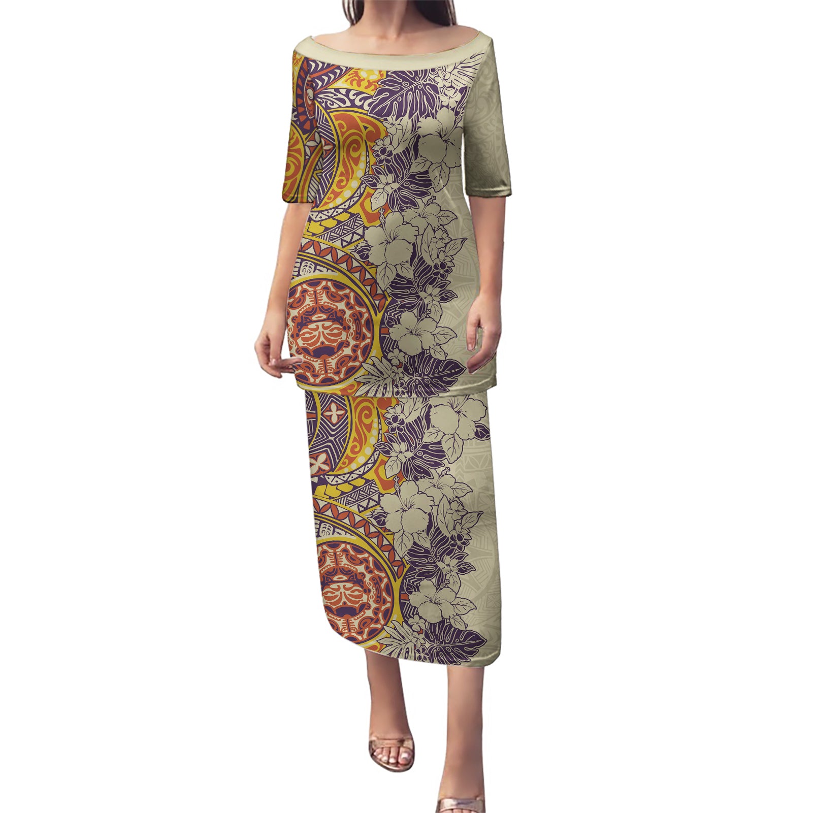 Polynesia Puletasi Hibiscus and Hawaiian Tribal Tattoo Retro Style Tan Color LT9 Long Dress Tan - Polynesian Pride