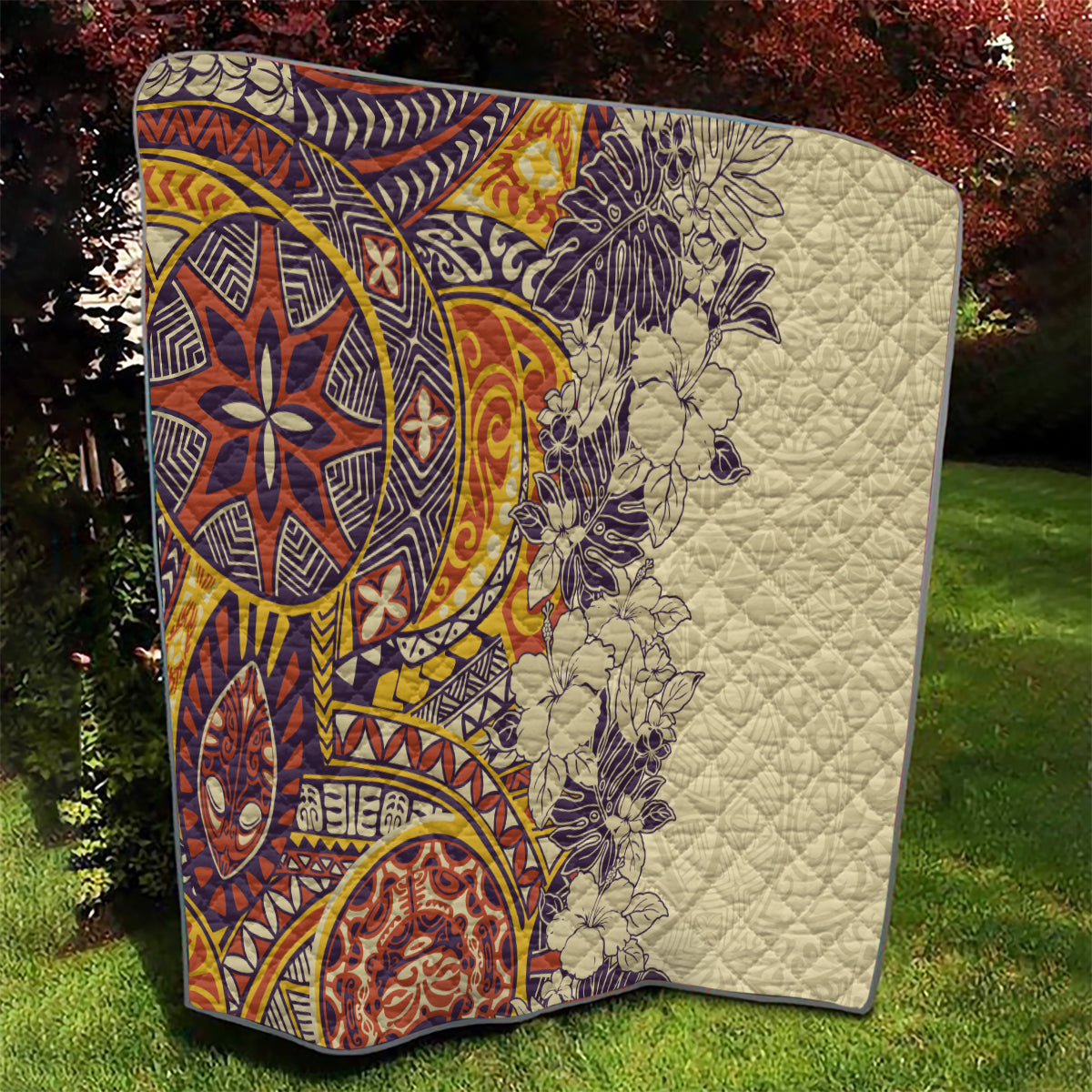 Polynesia Quilt Hibiscus and Hawaiian Tribal Tattoo Retro Style Tan Color LT9 - Polynesian Pride