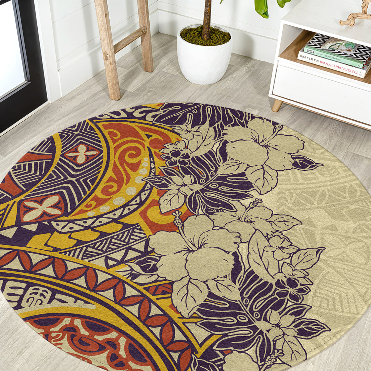 Polynesia Round Carpet Hibiscus and Hawaiian Tribal Tattoo Retro Style Tan Color LT9 Tan - Polynesian Pride