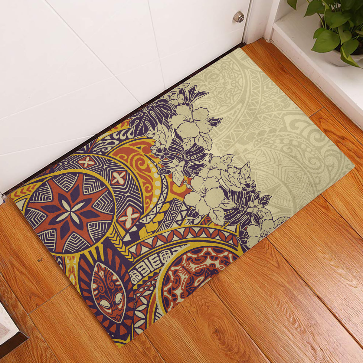 Polynesia Rubber Doormat Hibiscus and Hawaiian Tribal Tattoo Retro Style Tan Color LT9 Tan - Polynesian Pride