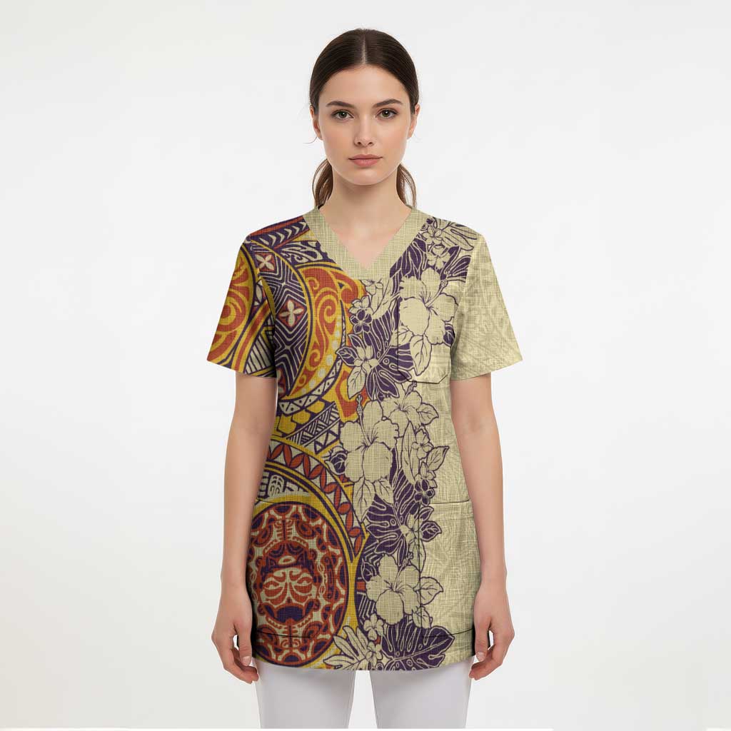 Polynesia Scrub Top Hibiscus Hawaiian Tribal Tattoo Retro Tan - Polynesian Pride