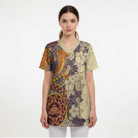 Polynesia Scrub Top Hibiscus Hawaiian Tribal Tattoo Retro Tan - Polynesian Pride