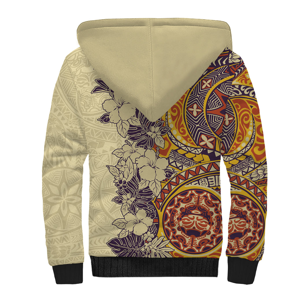 Polynesia Sherpa Hoodie Hibiscus and Hawaiian Tribal Tattoo Retro Style Tan Color LT9 - Polynesian Pride