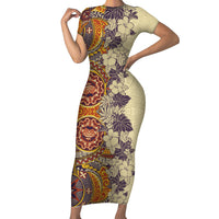 Polynesia Short Sleeve Bodycon Dress Hibiscus and Hawaiian Tribal Tattoo Retro Style Tan Color LT9 Long Dress Tan - Polynesian Pride