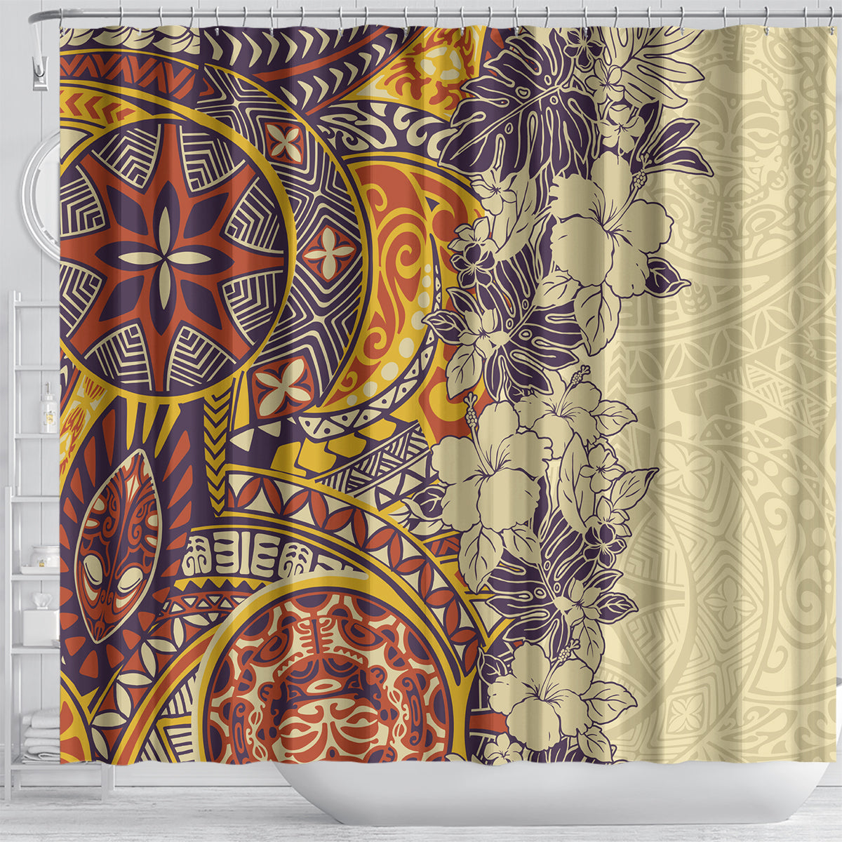 Polynesia Shower Curtain Hibiscus and Hawaiian Tribal Tattoo Retro Style Tan Color LT9 - Polynesian Pride