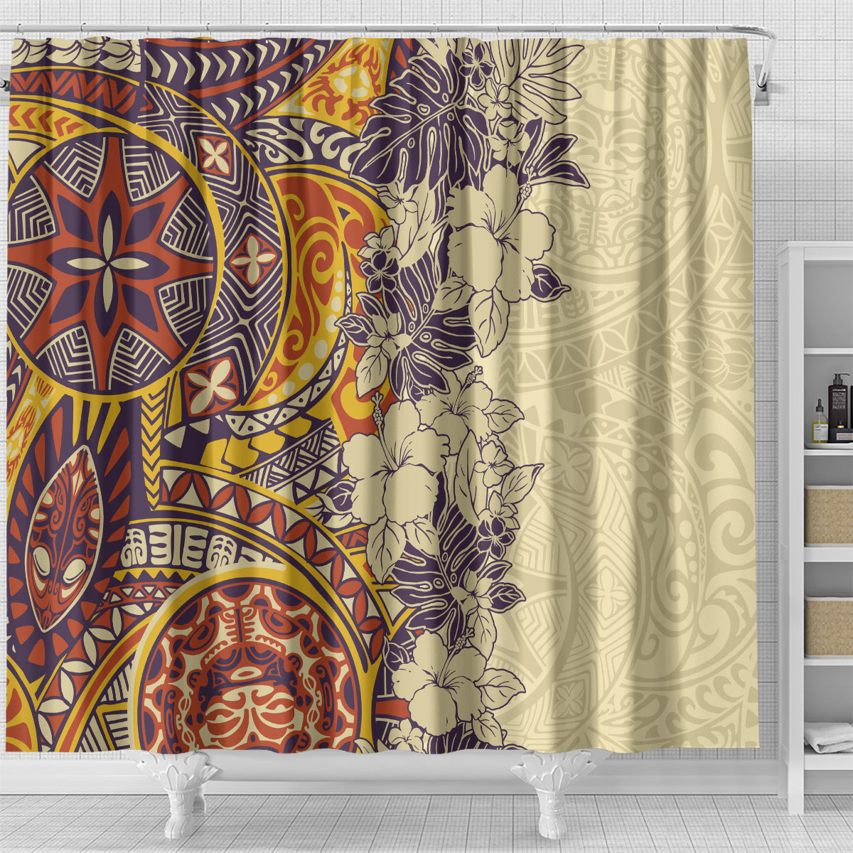 Polynesia Shower Curtain Hibiscus and Hawaiian Tribal Tattoo Retro Style Tan Color LT9 - Polynesian Pride